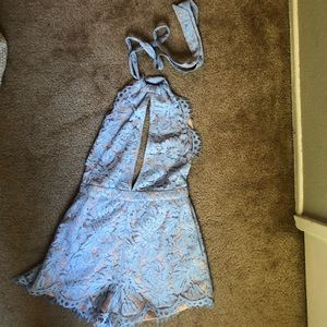 Blue and Nude Lace Open Back Romper